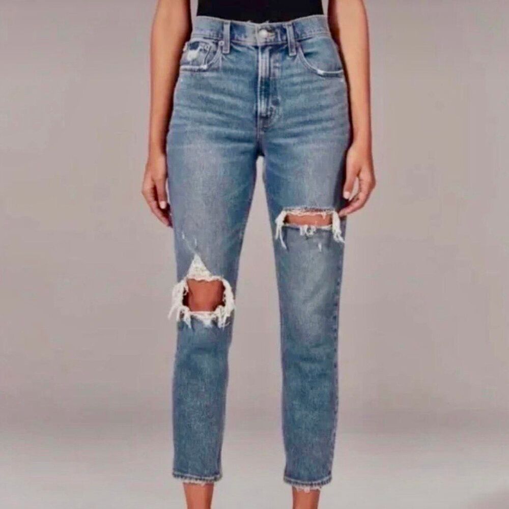 Abercrombie & Fitch Medium Wash High Rise Distressed Mom Jeans 30 10S